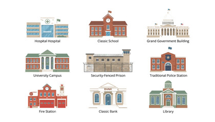 Obraz premium Vector collection of municipal city public buildings icons set for urban map infrastructure layout or government services architecture graphics