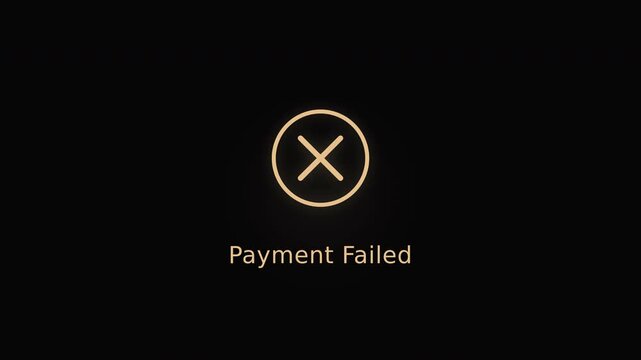 Minimalist digital interface with glowing golden cross icon and 'Payment Failed' text on black background, representing online transaction error and credit card decline, ideal for e-commerce