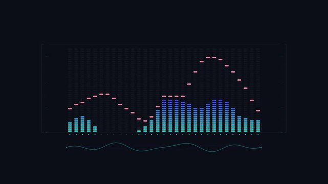 Abstract glowing audio equalizer graphic with moving sound spectrum bars