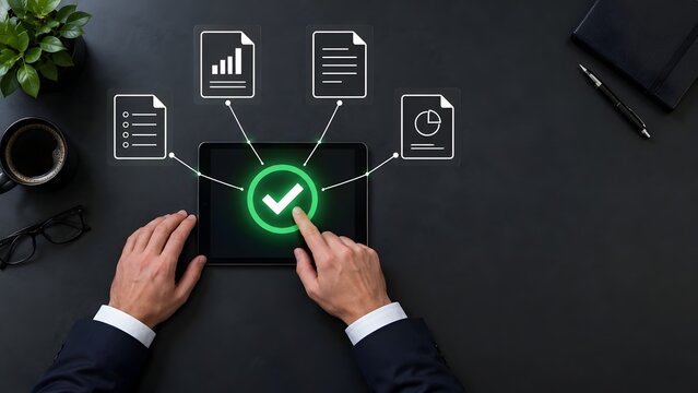Businessman validating data reports and document workflow on digital tablet for compliance audit