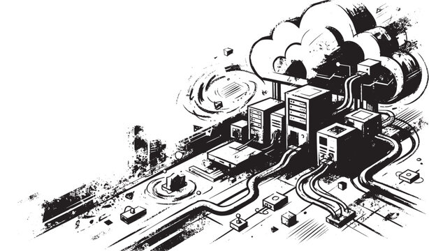 Isometric view of a server room with cloud computing infrastructure, data cables, and digital vortex in a black and white style on white