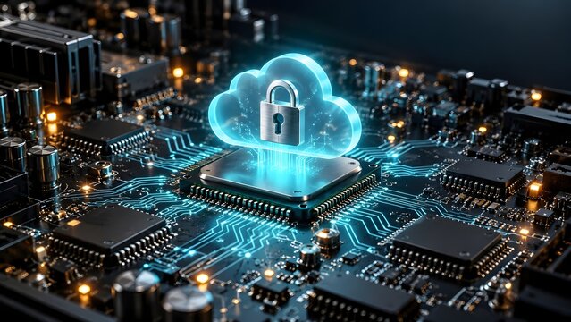 Glowing cloud padlock hologram on motherboard microchip representing hardware level cybersecurity and data defense
