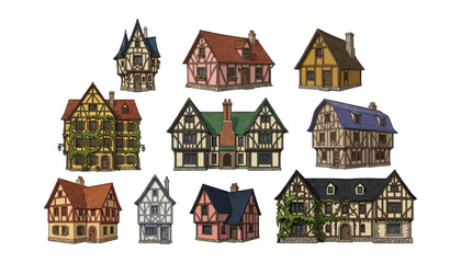 Obraz premium Vector collection of medieval Tudor houses and old European village buildings set for fantasy map design or fairytale illustrations