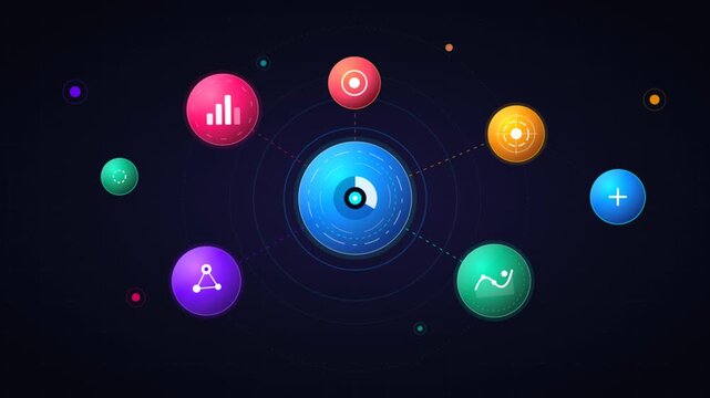 Dynamic 2d vector user interface micro interactions with data visualizations and tactical HUD elements on dark background
