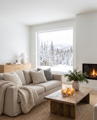 Obraz premium Modern Scandinavian living room with neutral textiles, wooden furniture, evergreen branches, glowing candles and fireplace beside a snowy mountain landscape. Minimal winter interior design.