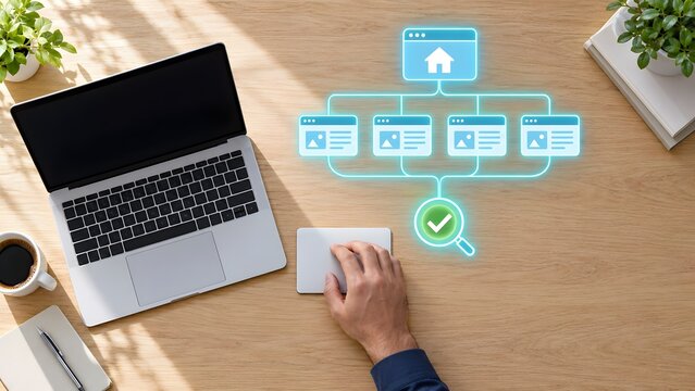 Top view of developer analyzing website structure and SEO sitemap hierarchy using laptop and trackpad[cite: 56]