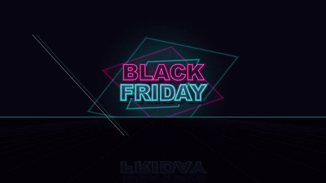 Retro neon text animation featuring glowing typographic sale event signage in dark space
