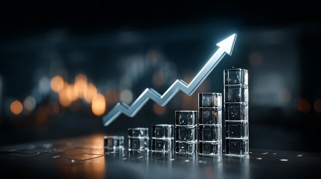Glowing upward arrow with block chart, business growth and financial success concept.