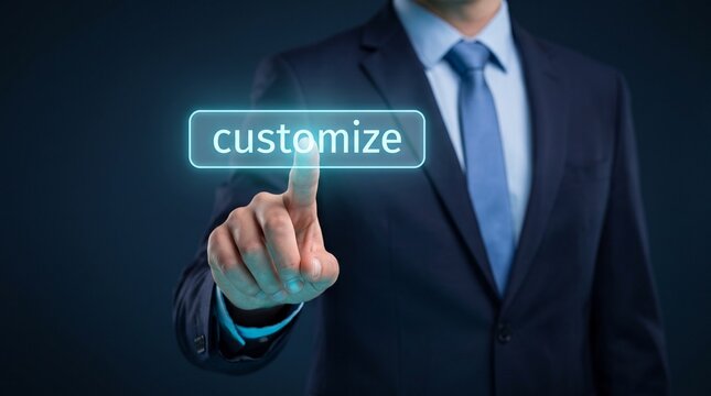 Businessman in a suit pressing a glowing virtual customize button on a digital interface against a dark background