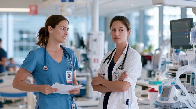 Two medical professionals discuss patient care within a modern hospital ward.