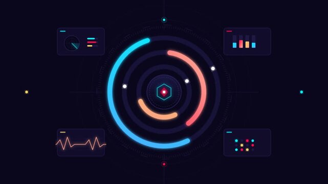 Animated digital HUD interface with glowing circles and data charts