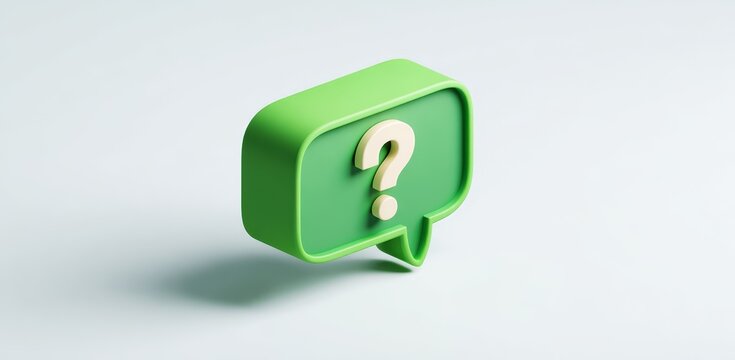  Minimalist 3D icon of a green speech bubble with white question mark on clean white background, isometric view with soft lighting, representing communication, inquiry and customer support. Modern C4D