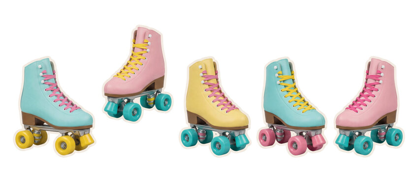 Set of colorful retro 1980s four-wheel roller skates in pastel pink, mint green and turquoise. Vintage disco roller derby footwear equipment on pure white background template display setting.