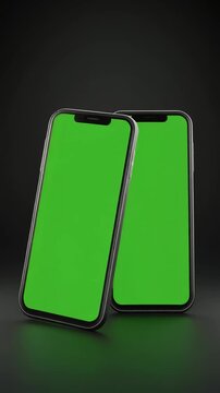 Two smartphones with green screens rotating together on a dark background