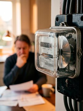 Woman reviewing utility bill at home with electricity meter in foreground