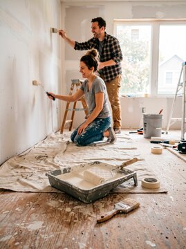 Couple painting a room together during home renovation
