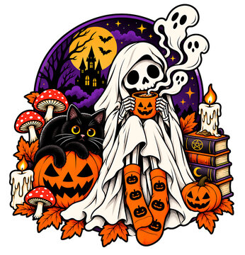 Cozy Ghost Halloween Night with Black Cat, Pumpkins, Mushrooms, Haunted House and Spooky Autumn Decor