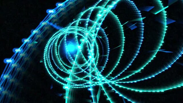 Complex glowing blue light mesh spiral rotating in dark abyss abstract rotation network technology background abstract rotation network technology