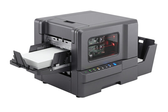 Heavy duty industrial commercial digital barcode and shipping label thermal printing machine. Modern logistics warehouse automated label printer on pure white background template display.