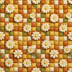 Obraz premium 3D Daisy Flower Pattern On Checkered Quilted Background Seamless Texture 