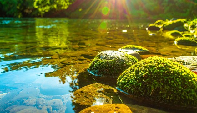 陽の光が差し込む清らかな川と苔むした丸い岩の幻想的な水辺風景