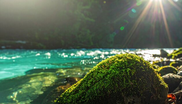陽の光が差し込む清らかな川と苔むした丸い岩の幻想的な水辺風景