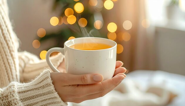 ニットを着て温かいドリンクを楽しむおうち時間と温もりのライフスタイル素材