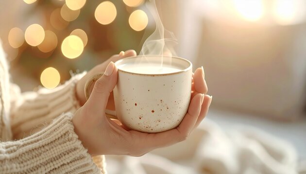 ニットを着て温かいドリンクを楽しむおうち時間と温もりのライフスタイル素材