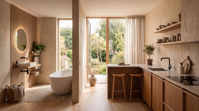 Scandinavian architectural interior photography showcasing a seamless blend of minimalist kitchen and zen bathroom, warm natural sunlight, textured plaster walls, minimalist furniture, soft shadows, i