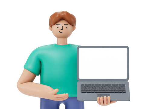 A man stands holding a laptop with a blank screen