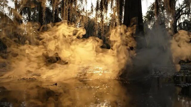 Thick white smoke drifting over dark swamp water at sunset