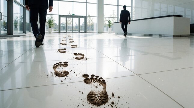 Man in suit walks on shiny white floor leaving muddy footprints behind. Path leads towards reception desk in modern office lobby with big windows. Business interior.