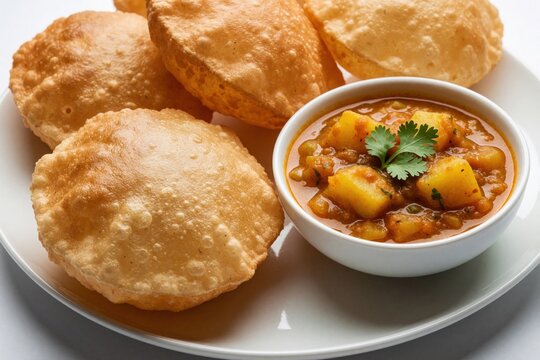 Golden poori breads served with aloo bhaji potato curry and fresh cilantro garnish. Traditional Indian breakfast or meal, savory fried flatbread with spiced vegetable dish.
