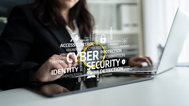 A business professional focuses on cyber security, showcasing vital keywords related to identity protection, incident detection, and vulnerability testing in a digital context. Tessel