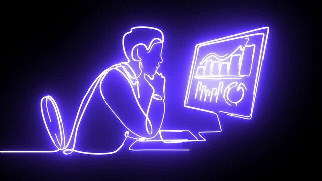 Purple Neon Businessman Analyzing Financial Charts Continuous Line Art Motion Animation