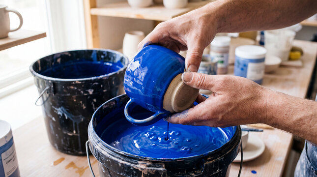 Artisan hands dipping ceramic mug in vibrant blue glaze at pottery studio