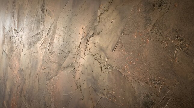 Textured metallic surface with scattered speckles presents a bronze and brown palette
