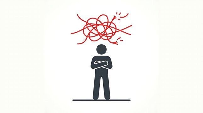 Person standing with chaotic red scribble above head