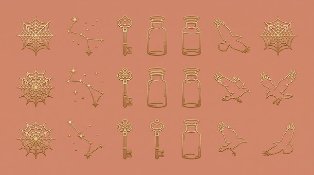 Mystical gold celestial icons set, esoteric alchemy symbols on terracotta background, collection of 20 magic occult elements for branding