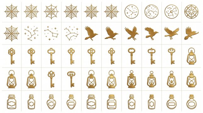 Mystical gold occult icons set, vintage magic symbols collection with keys and ravens, celestial astrology elements for alchemy and witchcraft