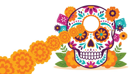 Fototapeta premium Colorful Sugar Skull with Marigold Flowers for Day of the Dead Celebration. EPS Editable. Vector Illustrations.