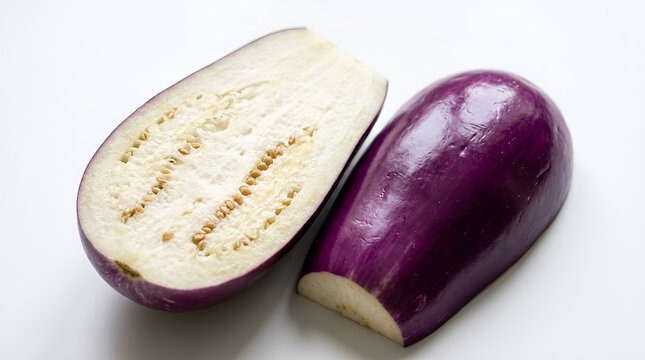 One whole round glossy purple eggplant smooth skin and one lengthwise half showing creamy white fibrous flesh with small brown seeds neatly arranged, fresh organic vegetable, clean white minimalist ba