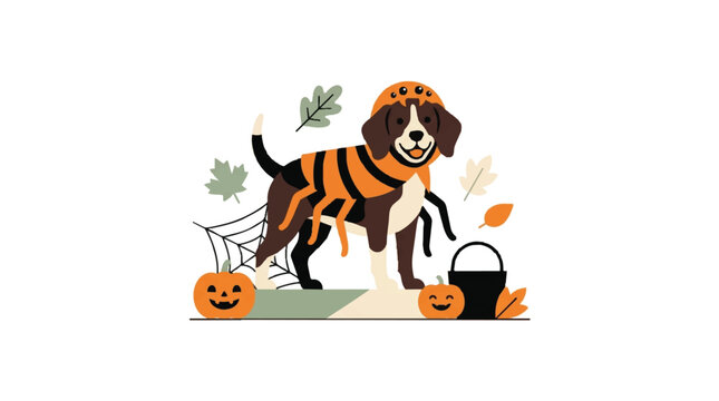 Cute dog wearing tiger Halloween costume with pumpkins and shopping cart. EPS Editable. Vector Illustrations.