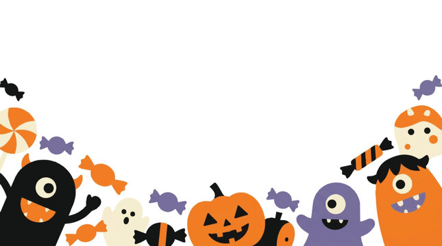 Cute Halloween cartoon characters border frame with pumpkins ghosts bats and skulls. EPS Editable. Vector Illustrations.