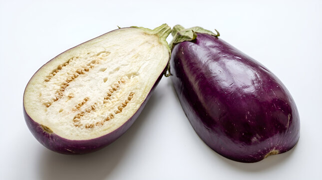 One whole round glossy purple eggplant smooth skin and one lengthwise half showing creamy white fibrous flesh with small brown seeds neatly arranged, fresh organic vegetable, clean white minimalist ba