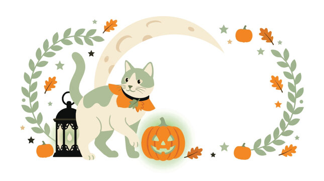 Cute Halloween kitten beside carved pumpkin lantern framed by autumn leaves wreath. EPS Editable. Vector Illustrations.