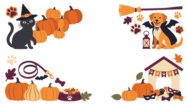 Cute Halloween cartoon set with pumpkins cats witches autumn decorations. EPS Editable. Vector Illustrations.