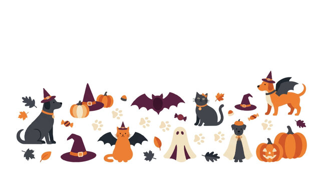 Cute Halloween themed illustration set with cats pumpkins bats ghosts and witches hats. EPS Editable. Vector Illustrations.
