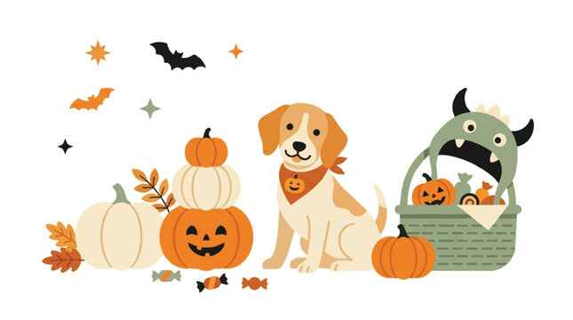 Cute puppy with carved pumpkins bats candies and green monster Halloween basket decoration. EPS Editable. Vector Illustrations.