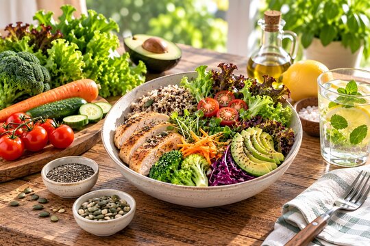 Healthy chicken bowl with fresh vegetables and avocado